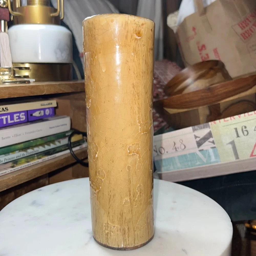 Yellow gold textured tall narrow thin vase home decor or flowers stands 8” tall